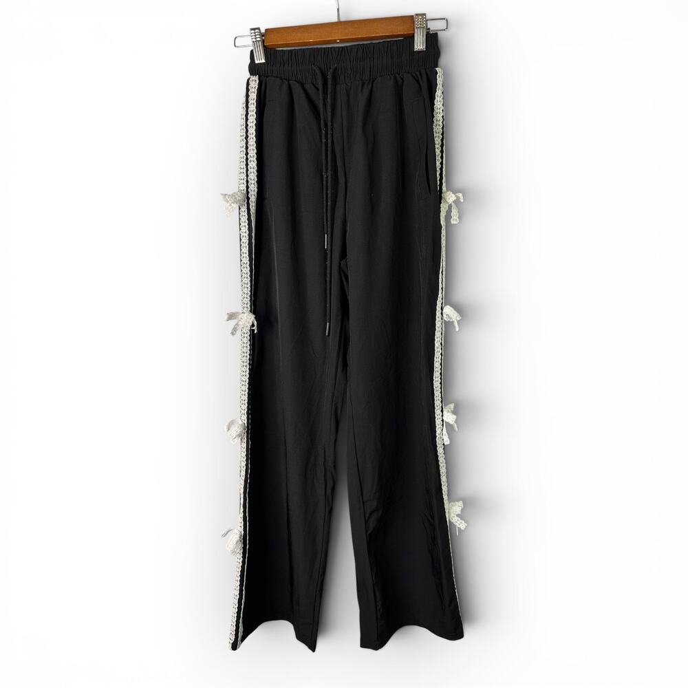 Free Haven Black Joggers Delicate White Lace Trim Bows Small Feminine Streetwear